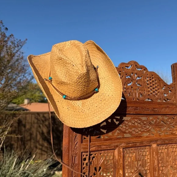 Tan Straw Cowboy Hat with Turquoise Beads - Picture 3 of 3